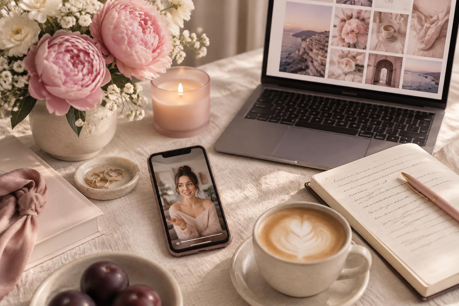 A creator's desk with a phone playing a video, a laptop of inspiration photos, peonies, a latte and a notebook of script notes